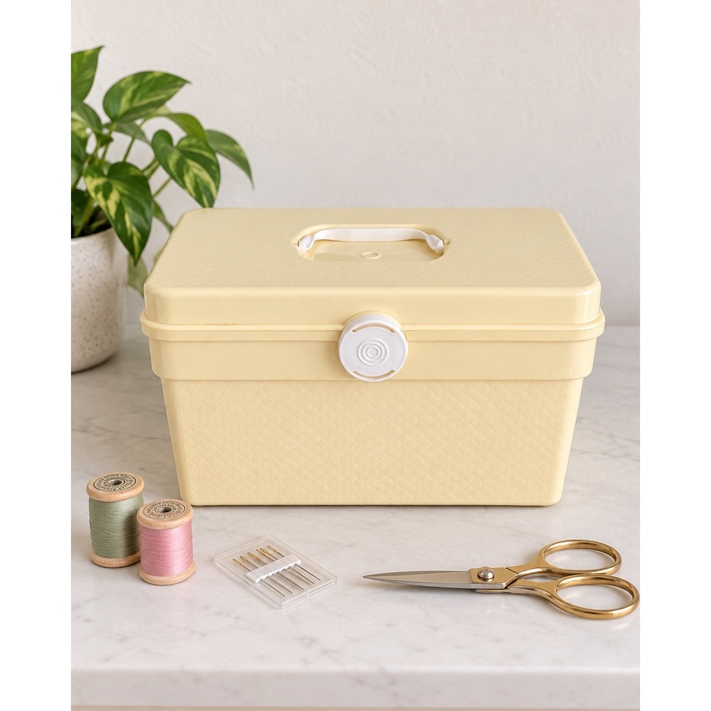Vintage DCN Sewing Box Organizer Canada Butter Yellow 3-Level Tray Storage Case